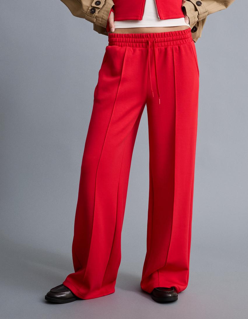 Yumuşak wide leg pantolon-Kırmızı