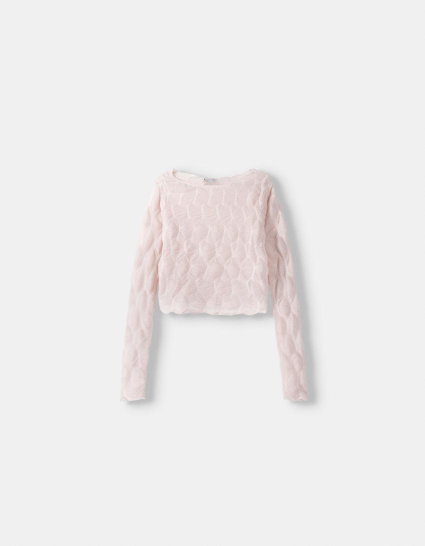 Long sleeve textured Bardot T-shirt-Pink-5