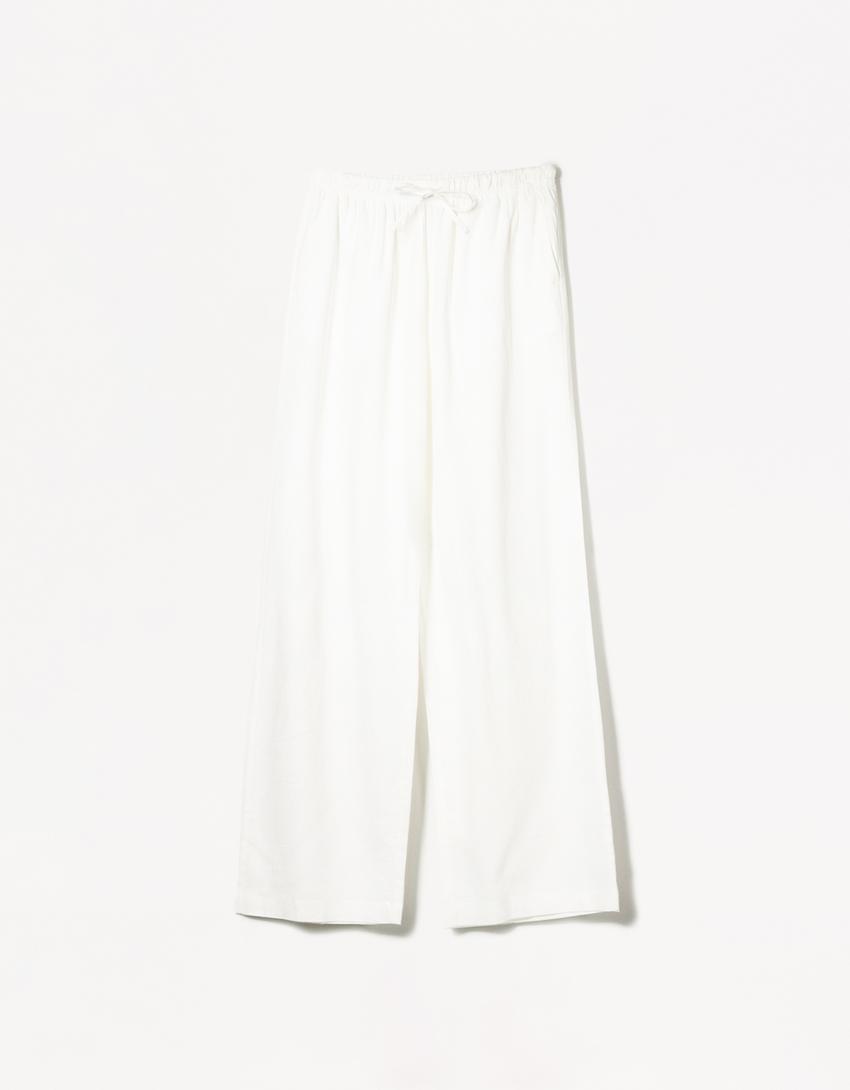 Linnenmix broek met elastische tailleband-Gebroken Wit