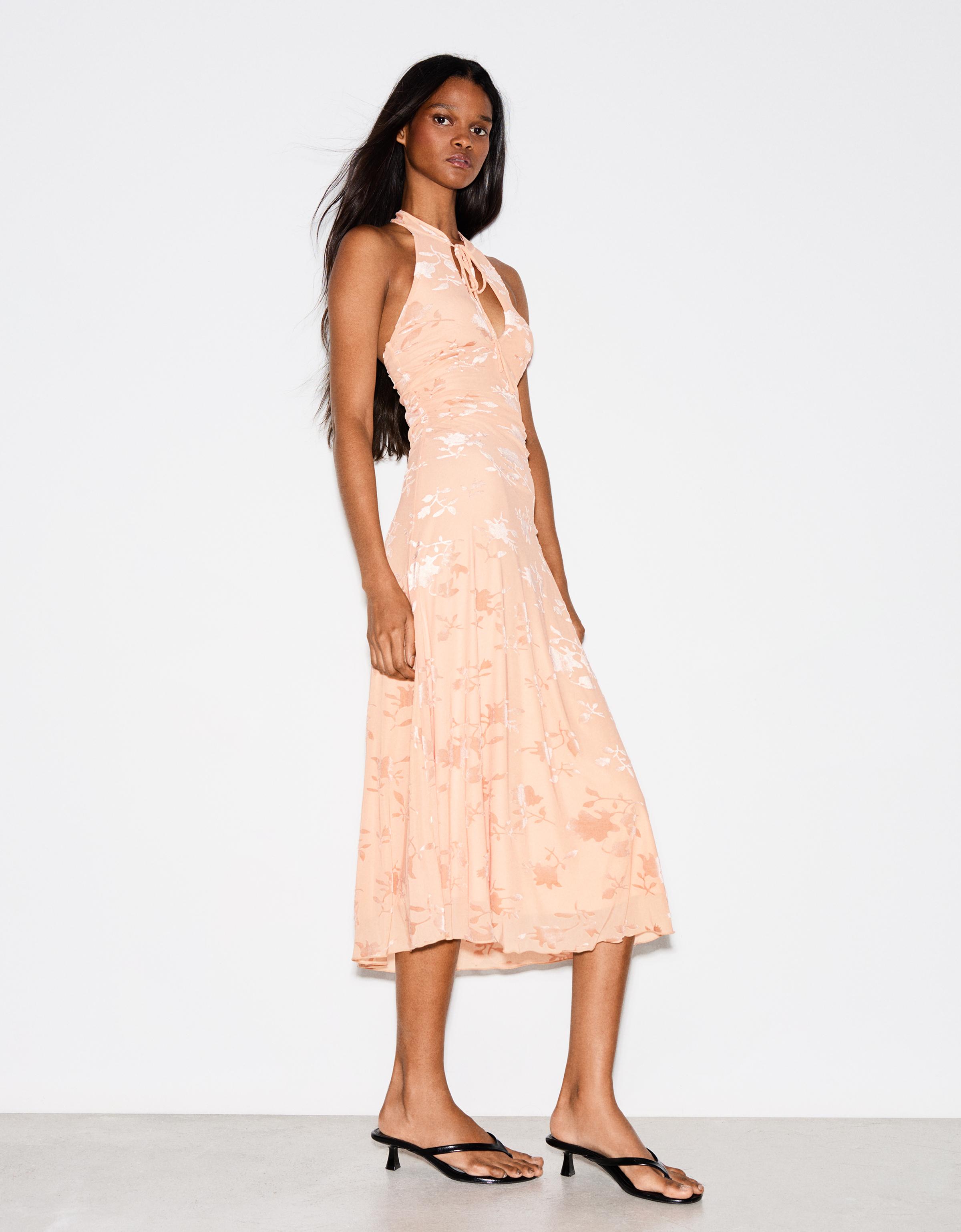 Flocked tulle halter midi dress — Orange