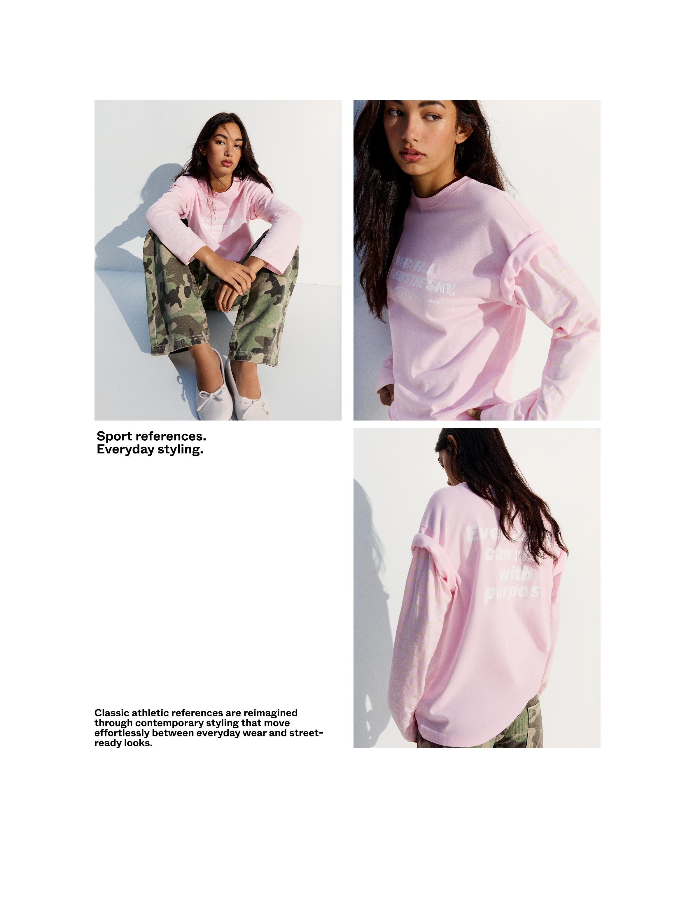 Oversize double sleeve print T-shirt — Pink