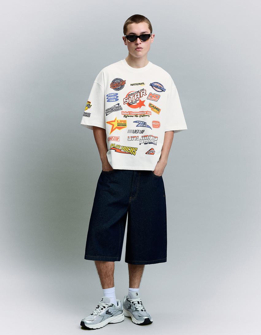 T-shirt manches courtes imprimé-Blanc cassé