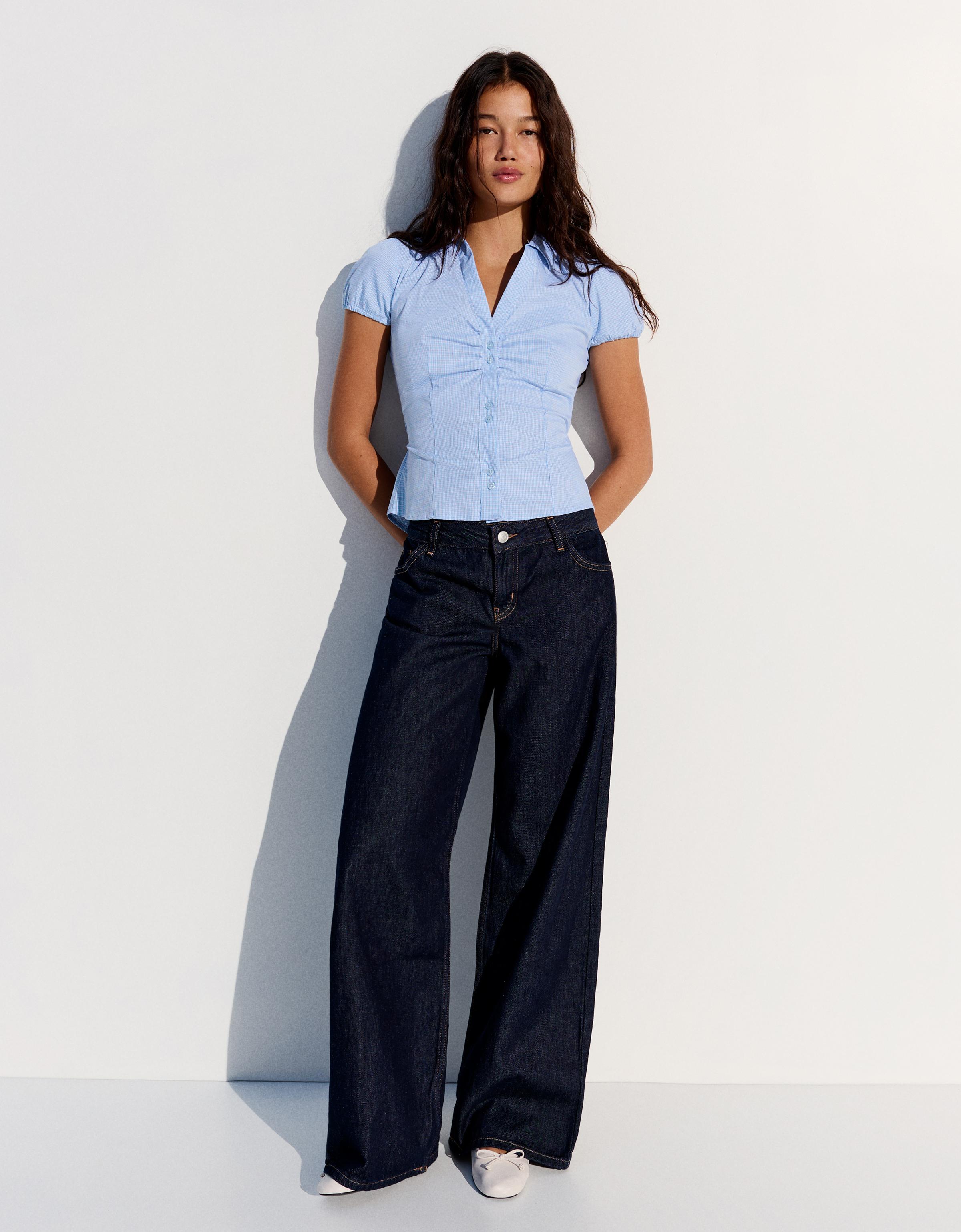 Short sleeve poplin tie-front shirt — Blue