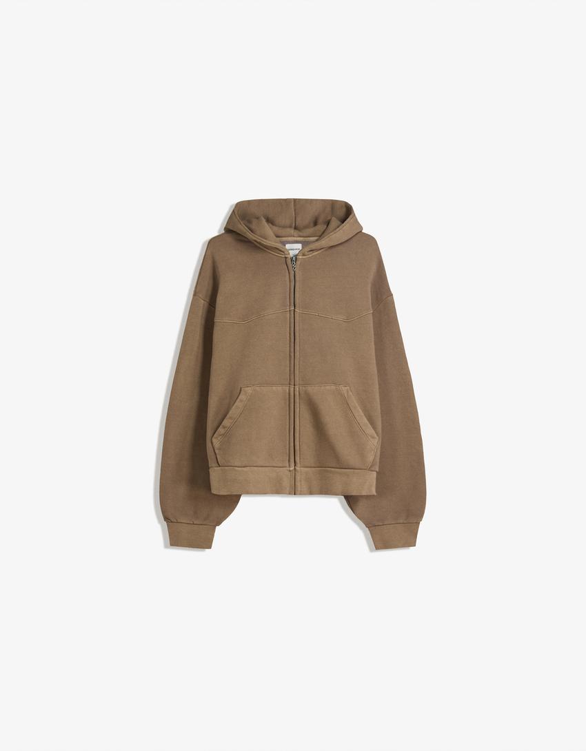 Boxy Cropped-Sweatshirt mit Reißverschluss-Braun-4