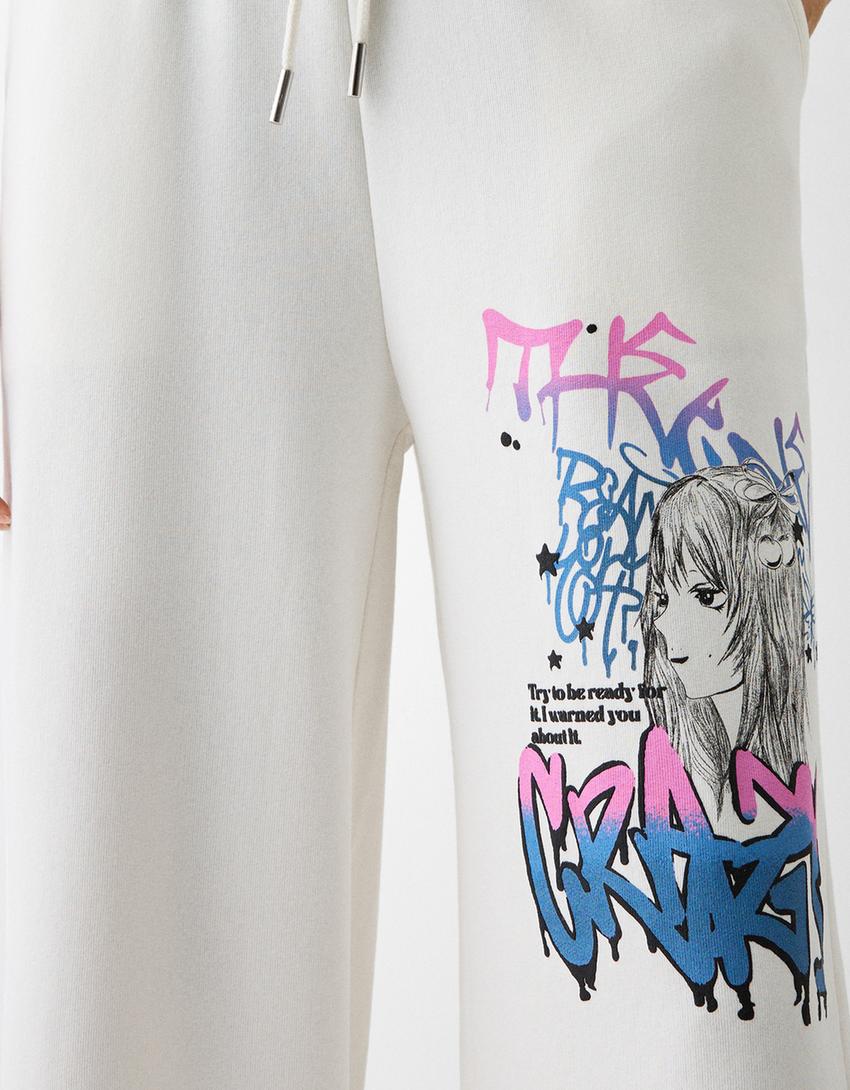 Pantalon wide leg imprimé graffiti-Blanc cassé-5