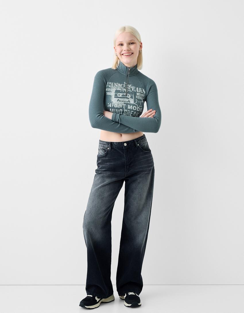 سويتر بسحّاب وتفصيل طبعة وقطيفة-أزرق-3