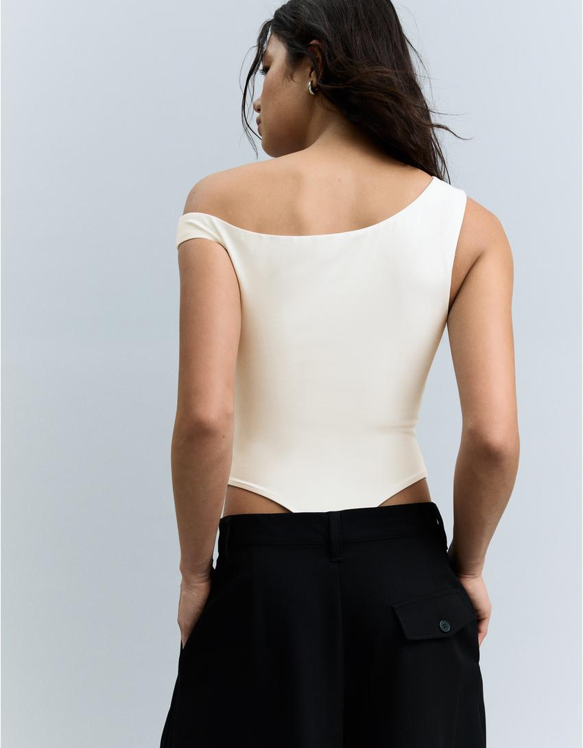 Body asimmetrico con spalline arricciate-Avorio