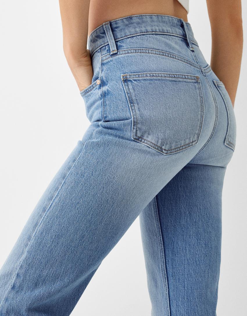 Удобни разкроени дънки с цепки на крачолите-Синьо с избелял ефект-5