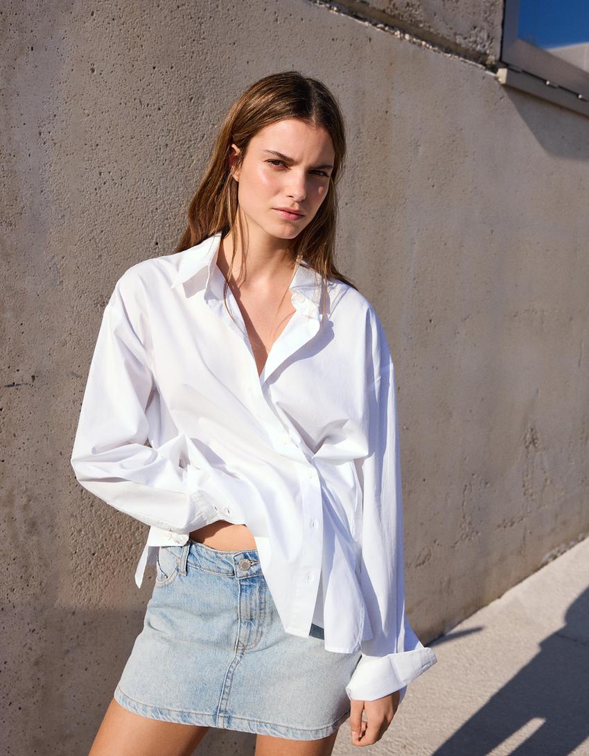 Camisa de manga comprida com botão cruzado-Branco