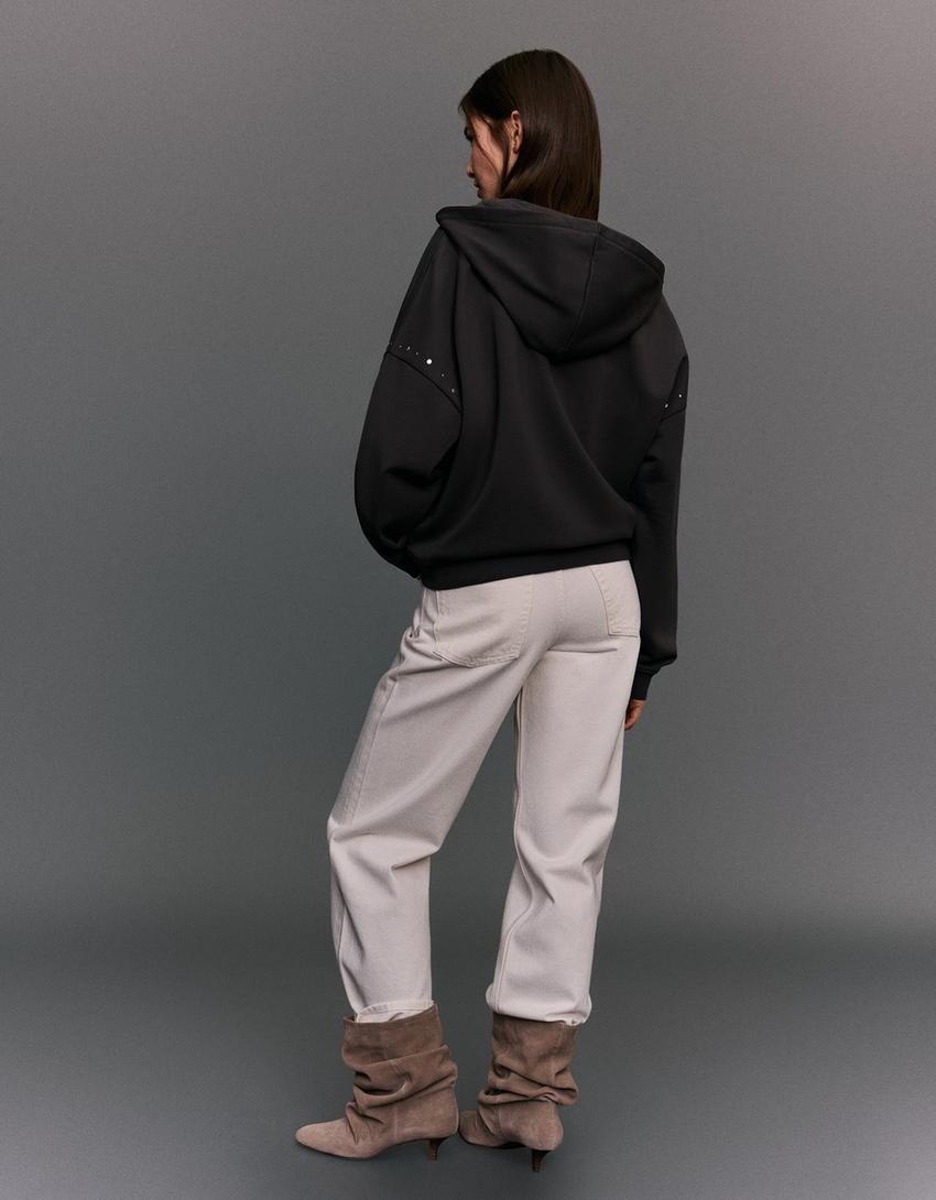 Fermuarlı kapüşonlu zımbalı sweatshirt-Koyu gri