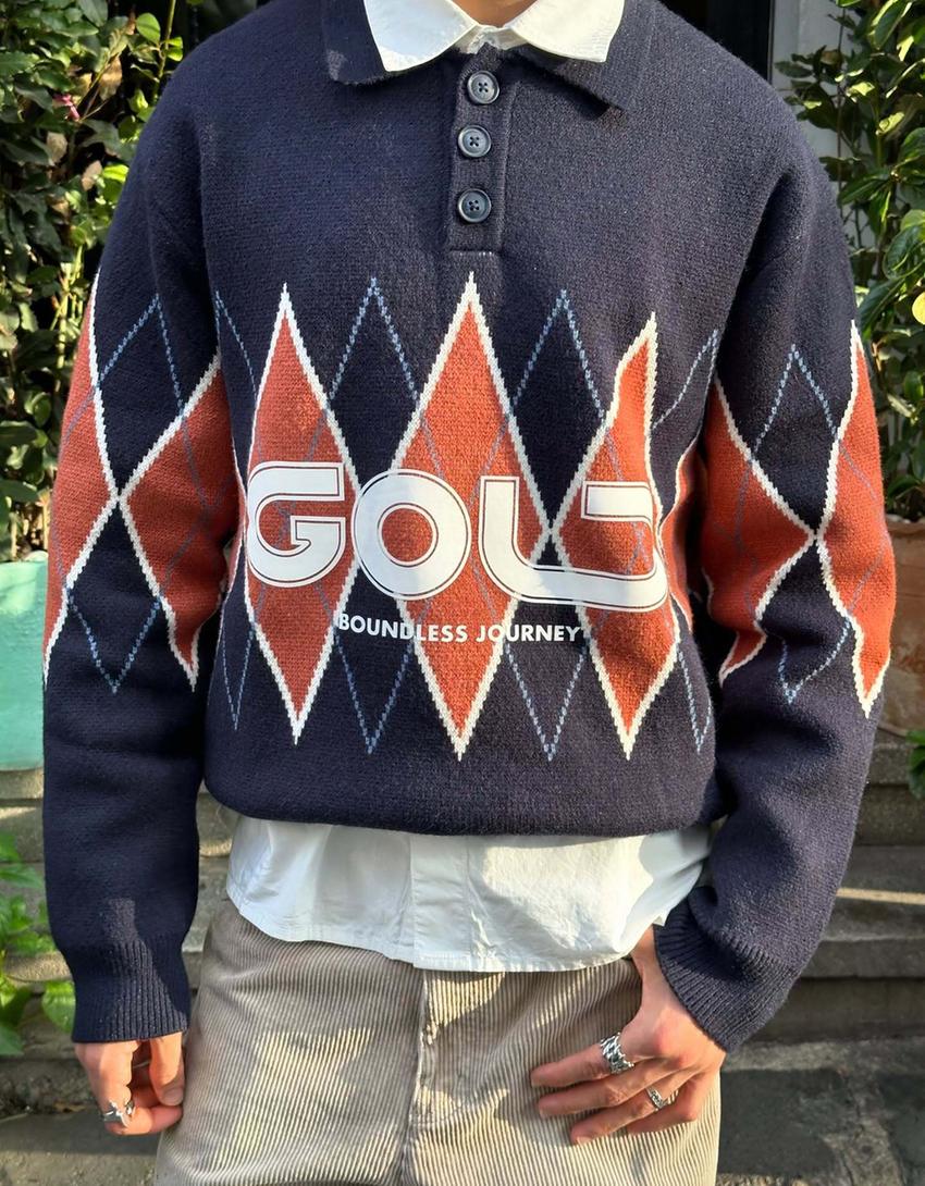 Pull col polo imprimé-Marine