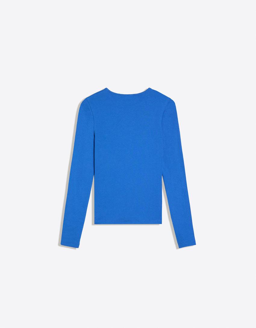 T-shirt manches longues col rond-Bleu