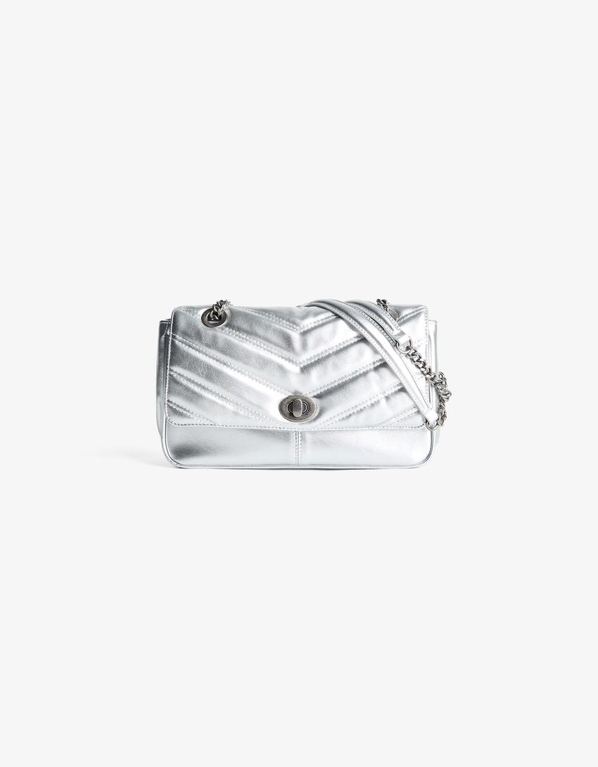 Quilted leather effect shoulder bag-Silver