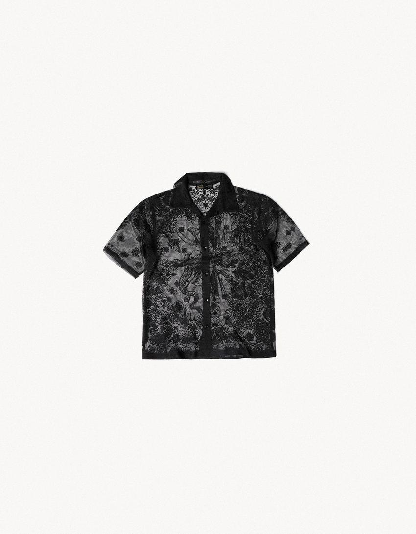 ARIES X BERSHKA dantelli kısa kollu gömlek-Siyah