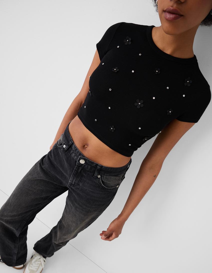 Cropped short sleeve T-shirt with detail-Black-2