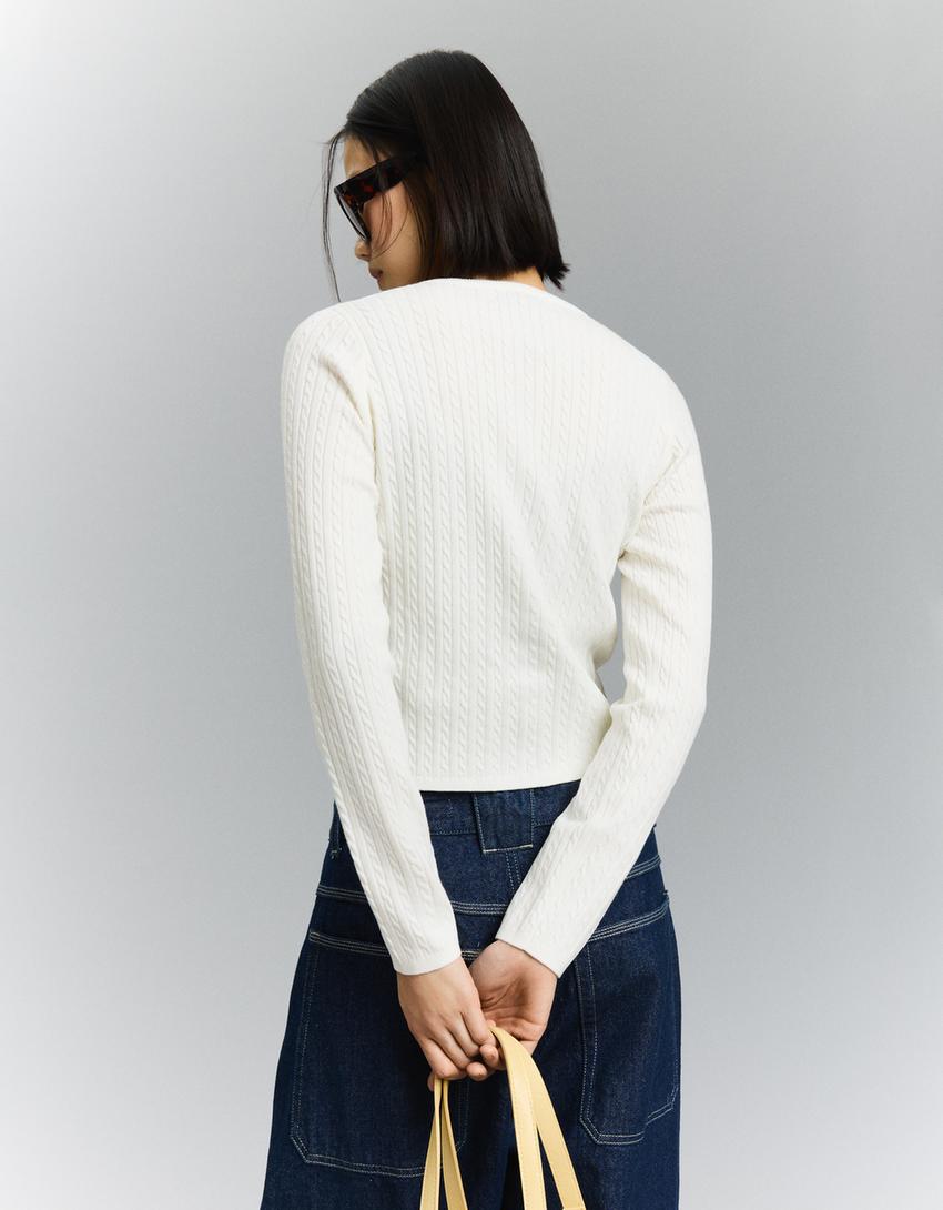 Braided button-up cardigan-Cream