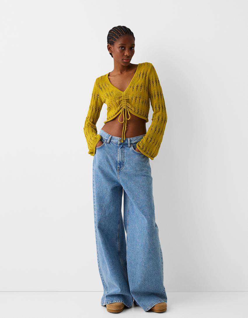 سويتر ريفي بفتحة صدر شكل V وزمة أمامية-أخضر-3