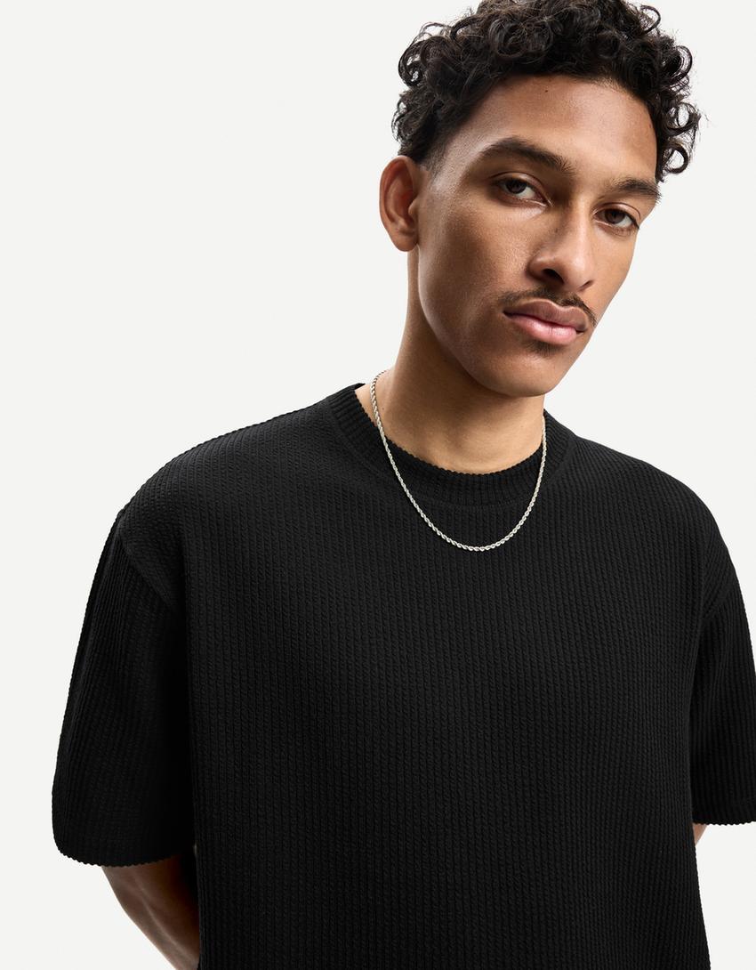 Camiseta manga corta seersucker-Negro-2