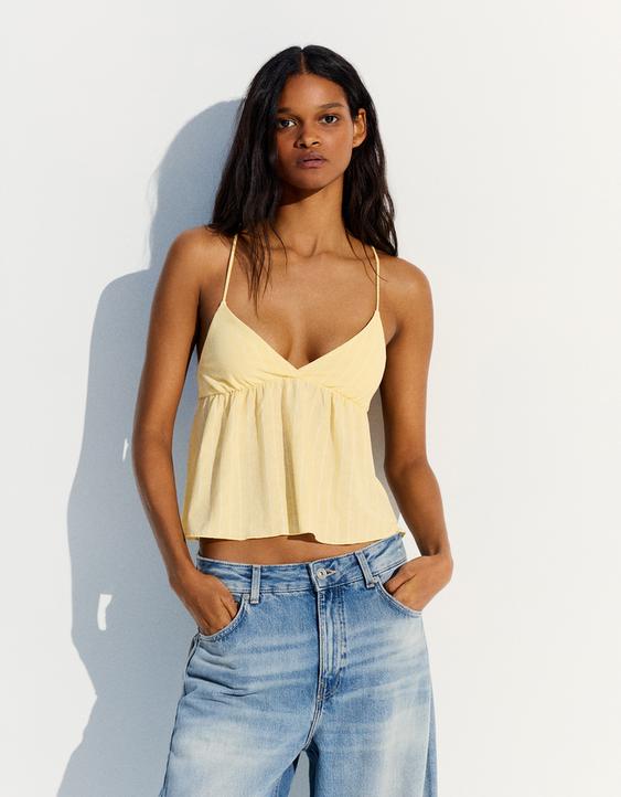 Çizgili peplum askılı bluz