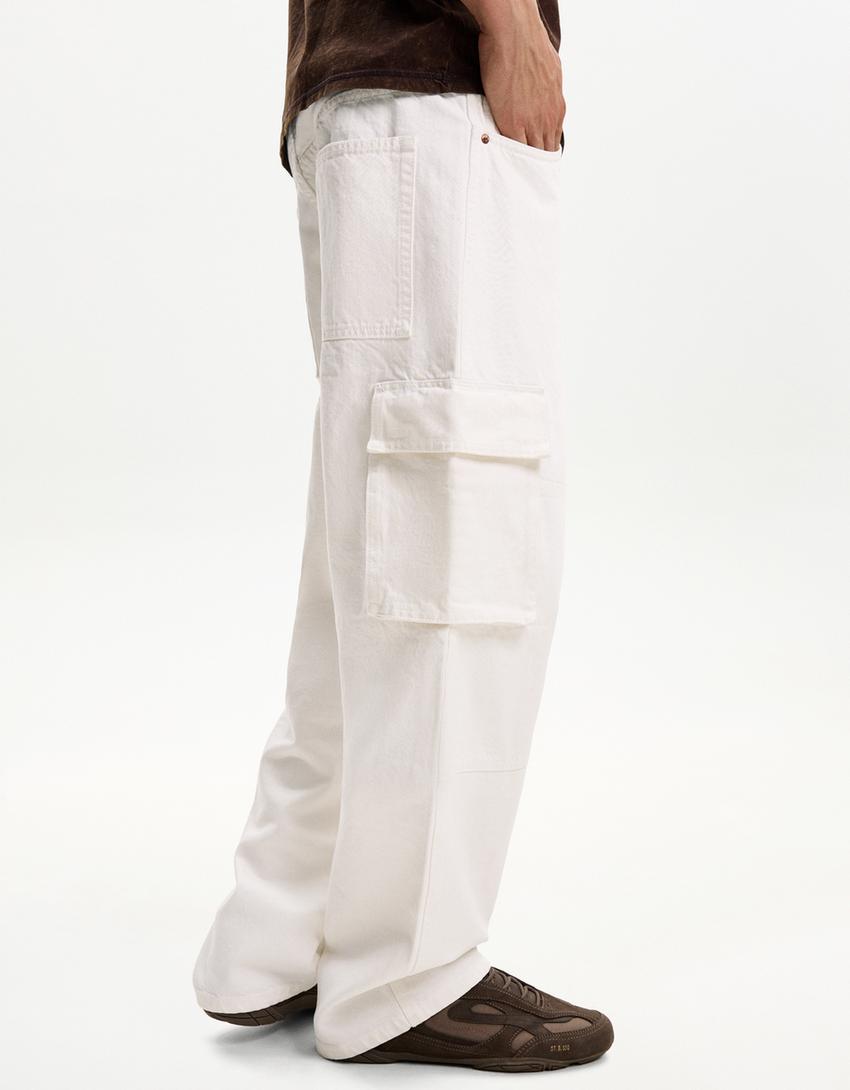 Τζιν παντελόνι baggy cargo-Μπεζ-1