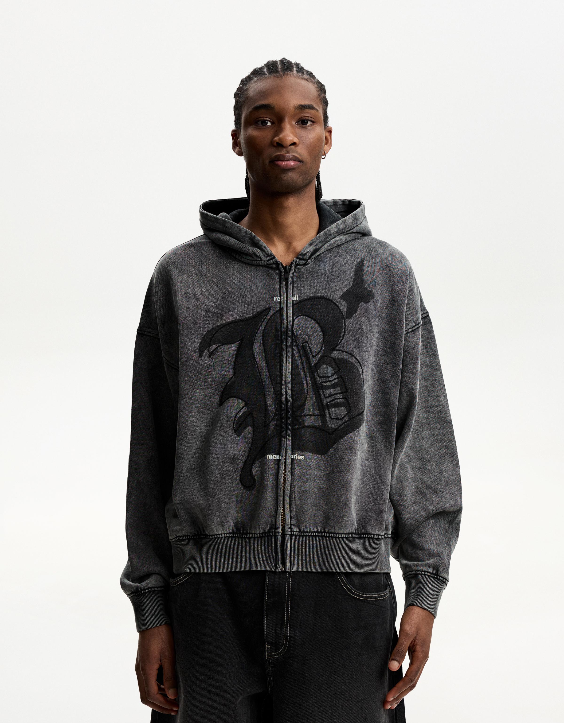 Bershka Hoodie Mit Print Und Reißverschluss Herren L Grau