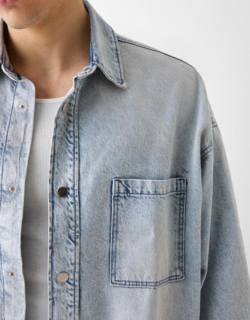 Camisa de manga comprida em denim oversize-Azul claro-5