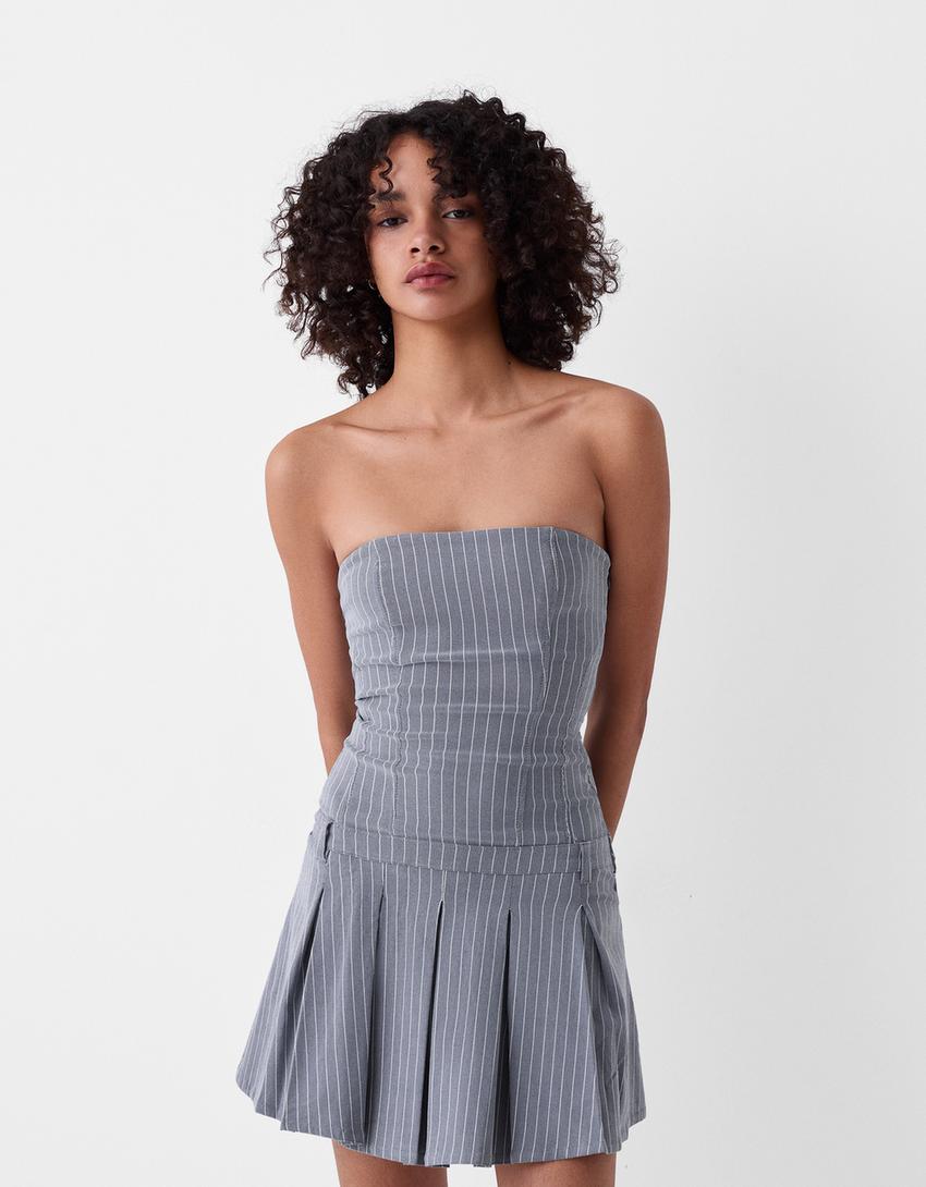 Short dress with box pleats-Blue-1