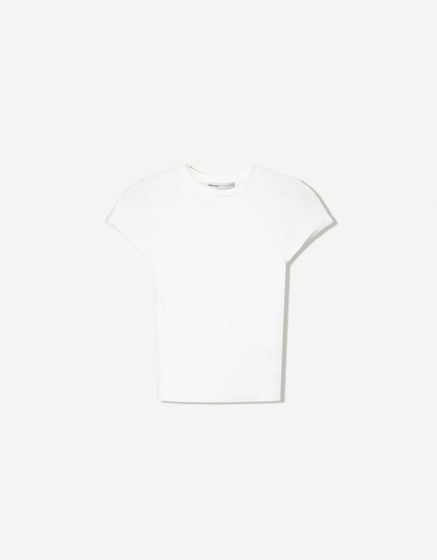 Kortärmad t-shirt med rund krage-Benvit-3