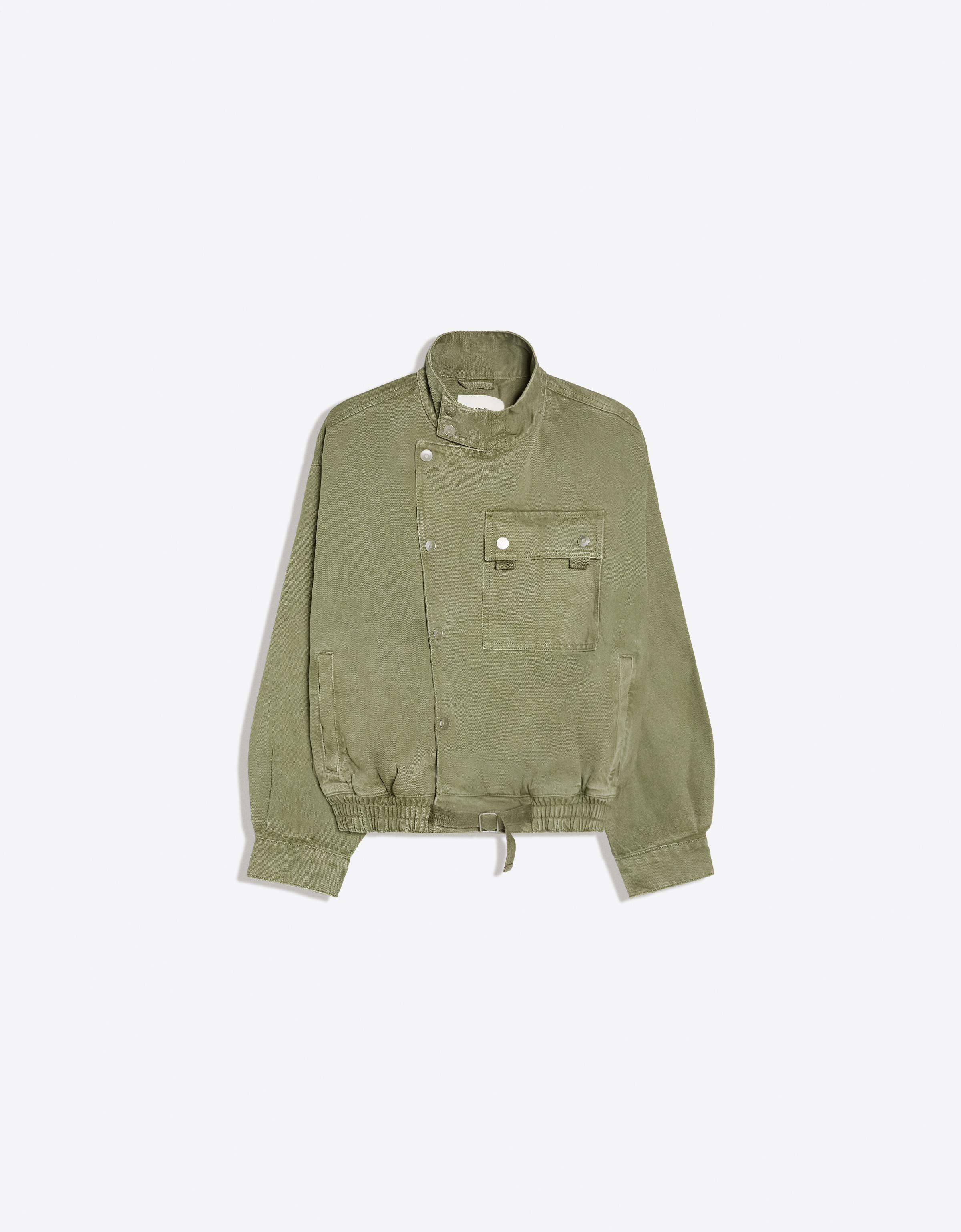 Double-breasted funnel neck jacket with pocket — Green