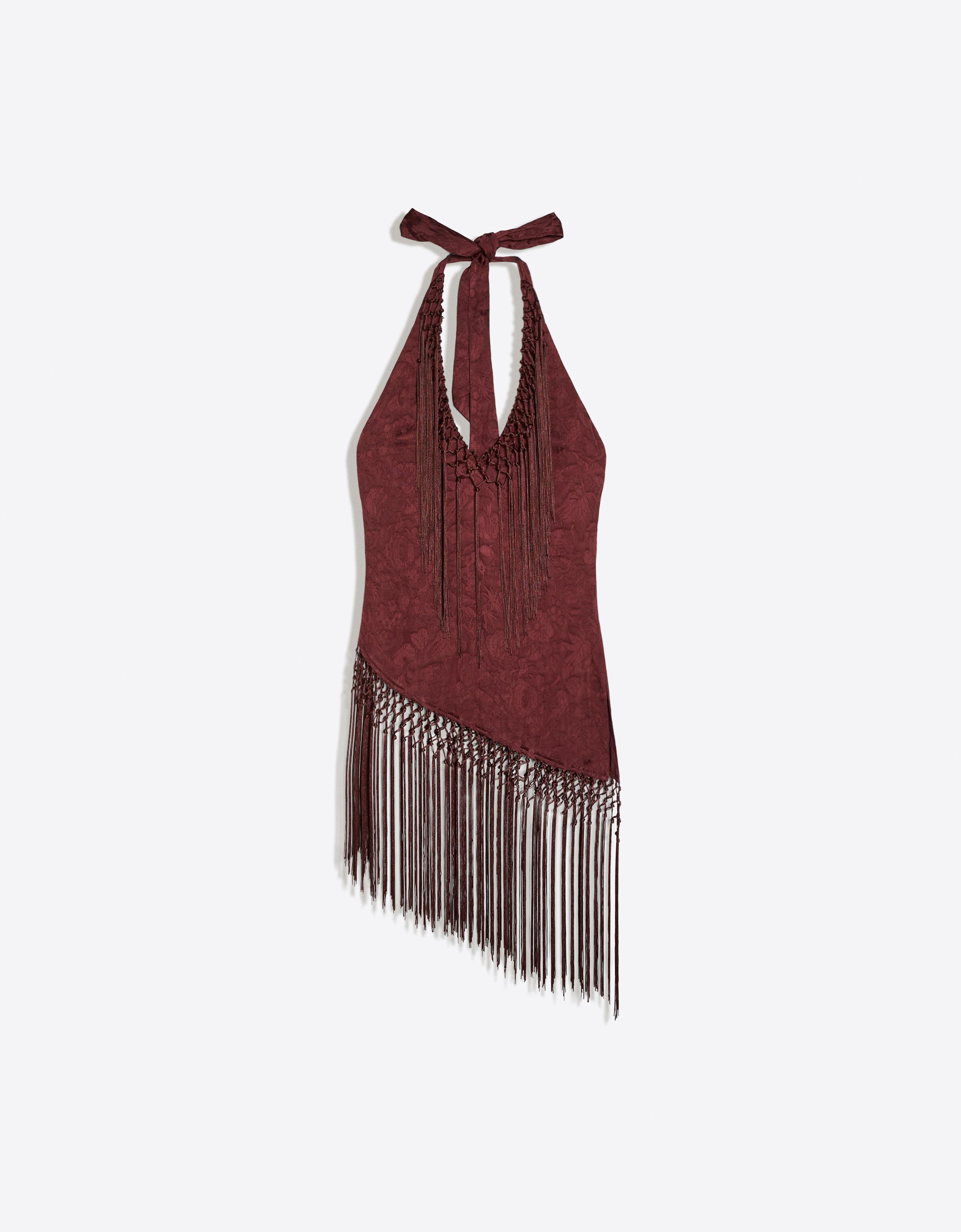 MARINA SENA fringed jacquard halter top — Maroon