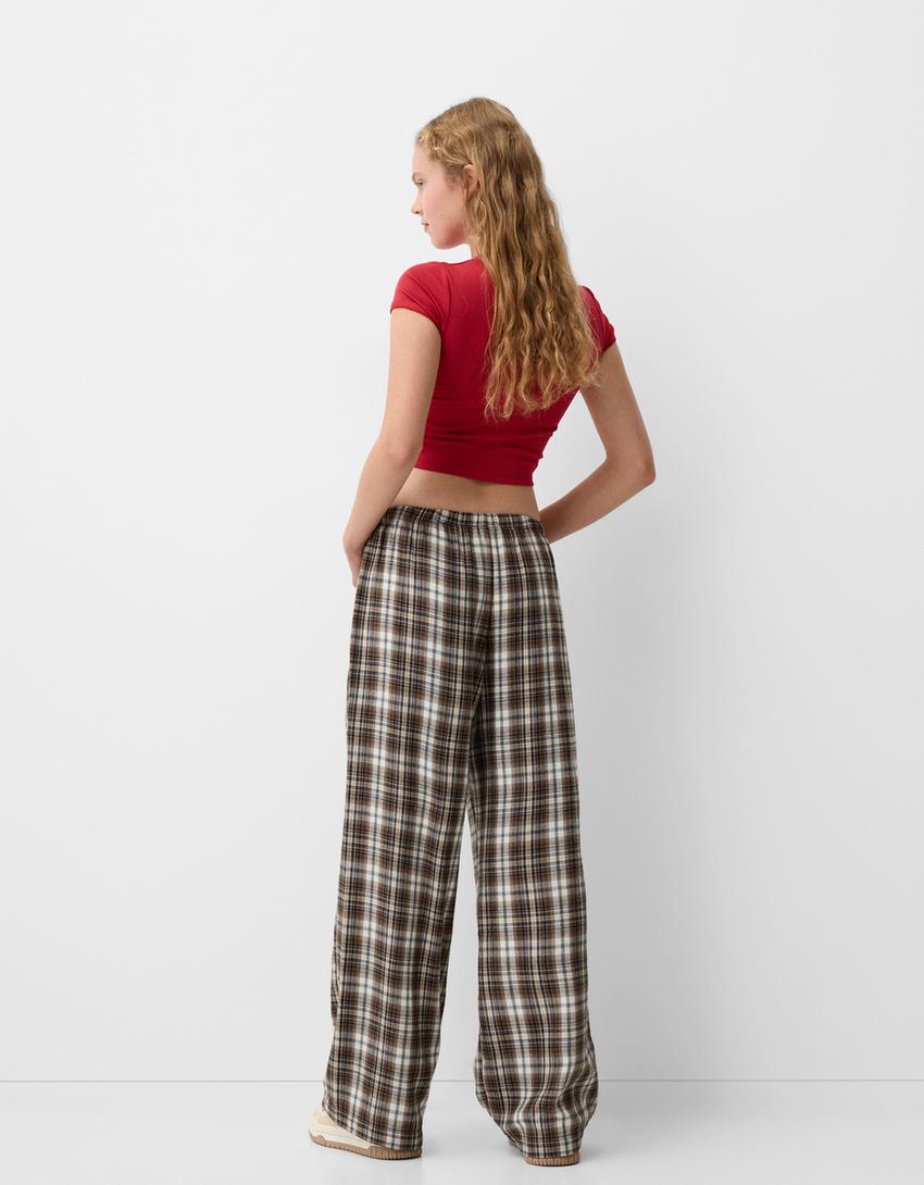 Straight fit check trousers-Brown-2