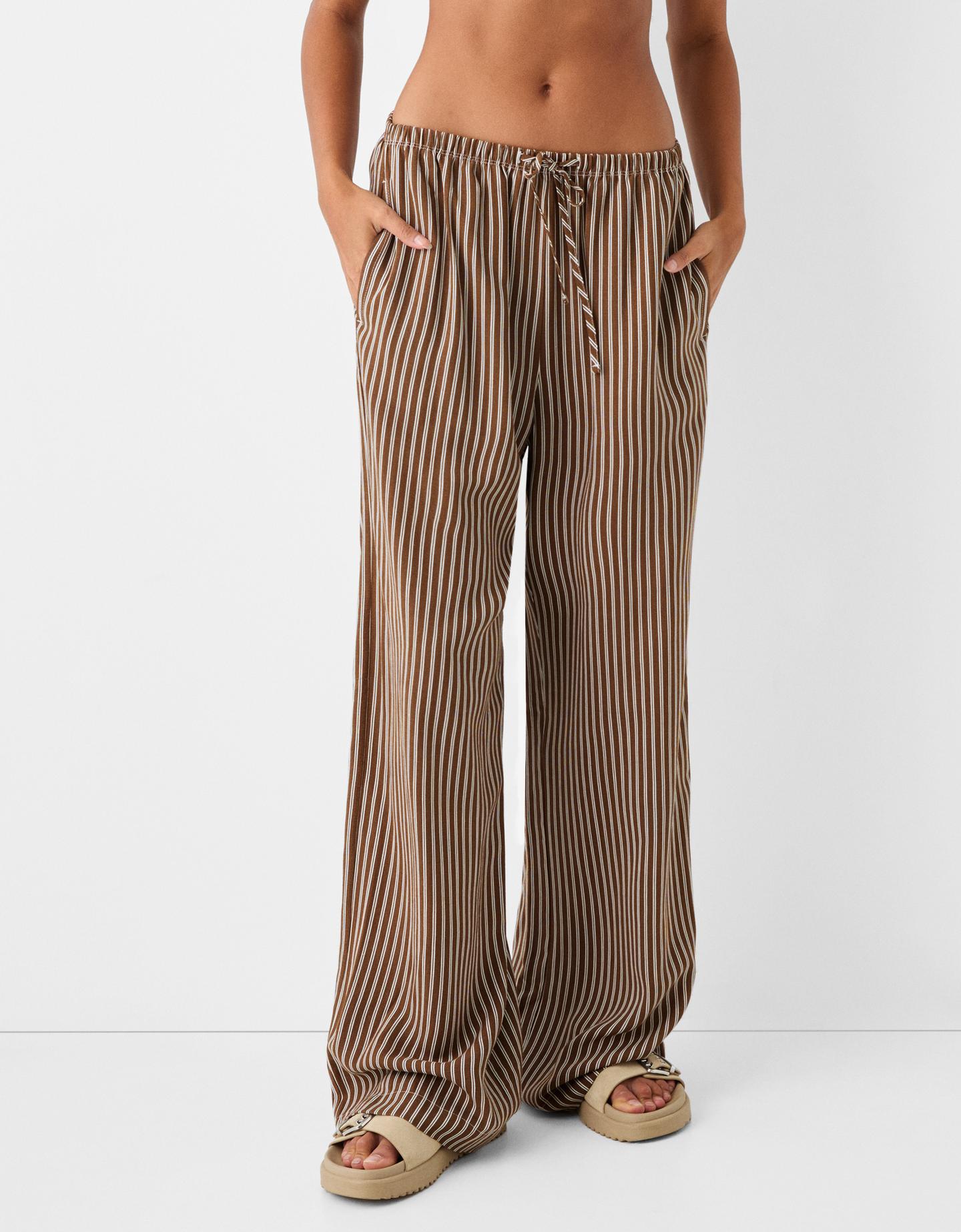 Bershka Pantaloni Straight A Righe Con Vita Elasticizzata Donna 10-12 Marrone