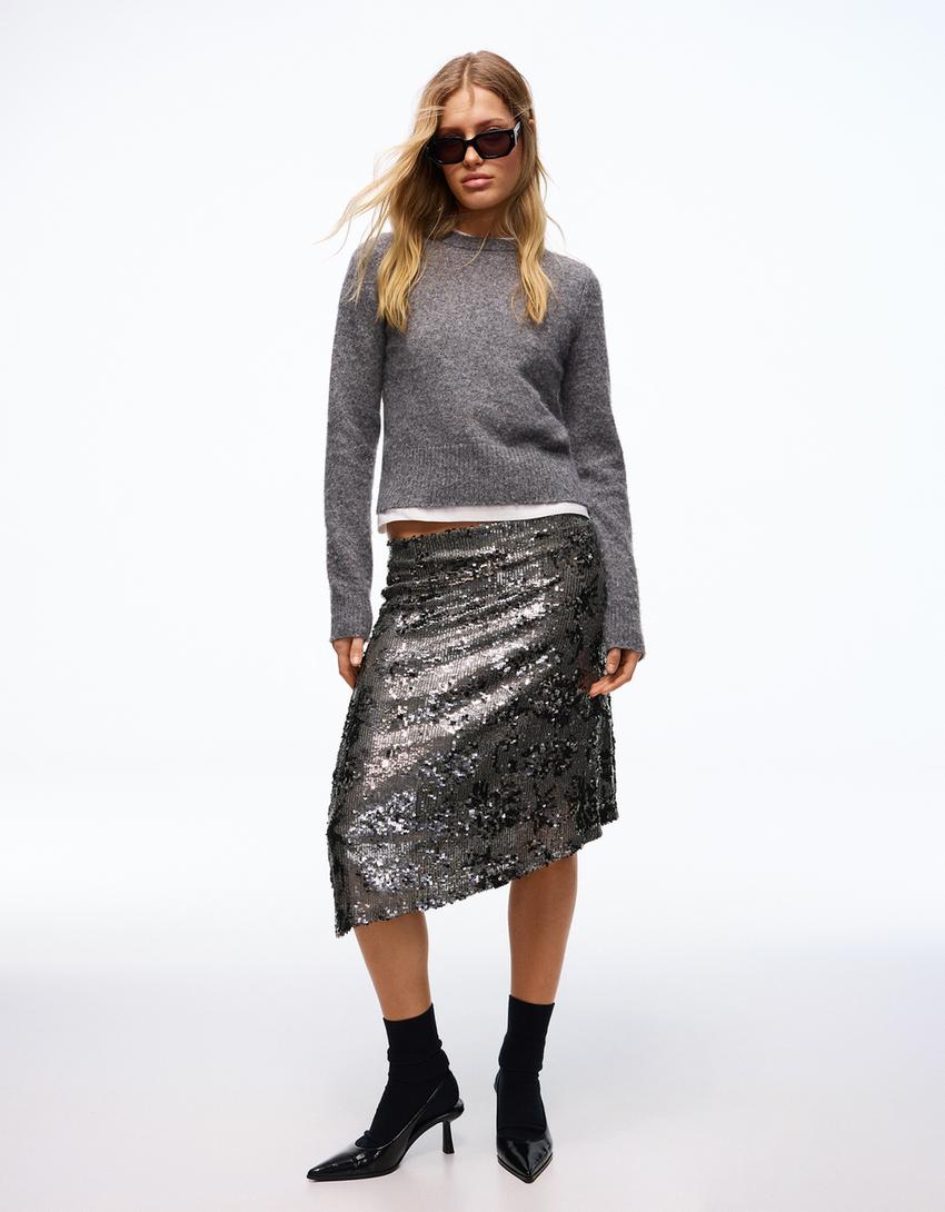 تنورة متوسطة الطول غير متماثلة بترتر-رمادي داكن