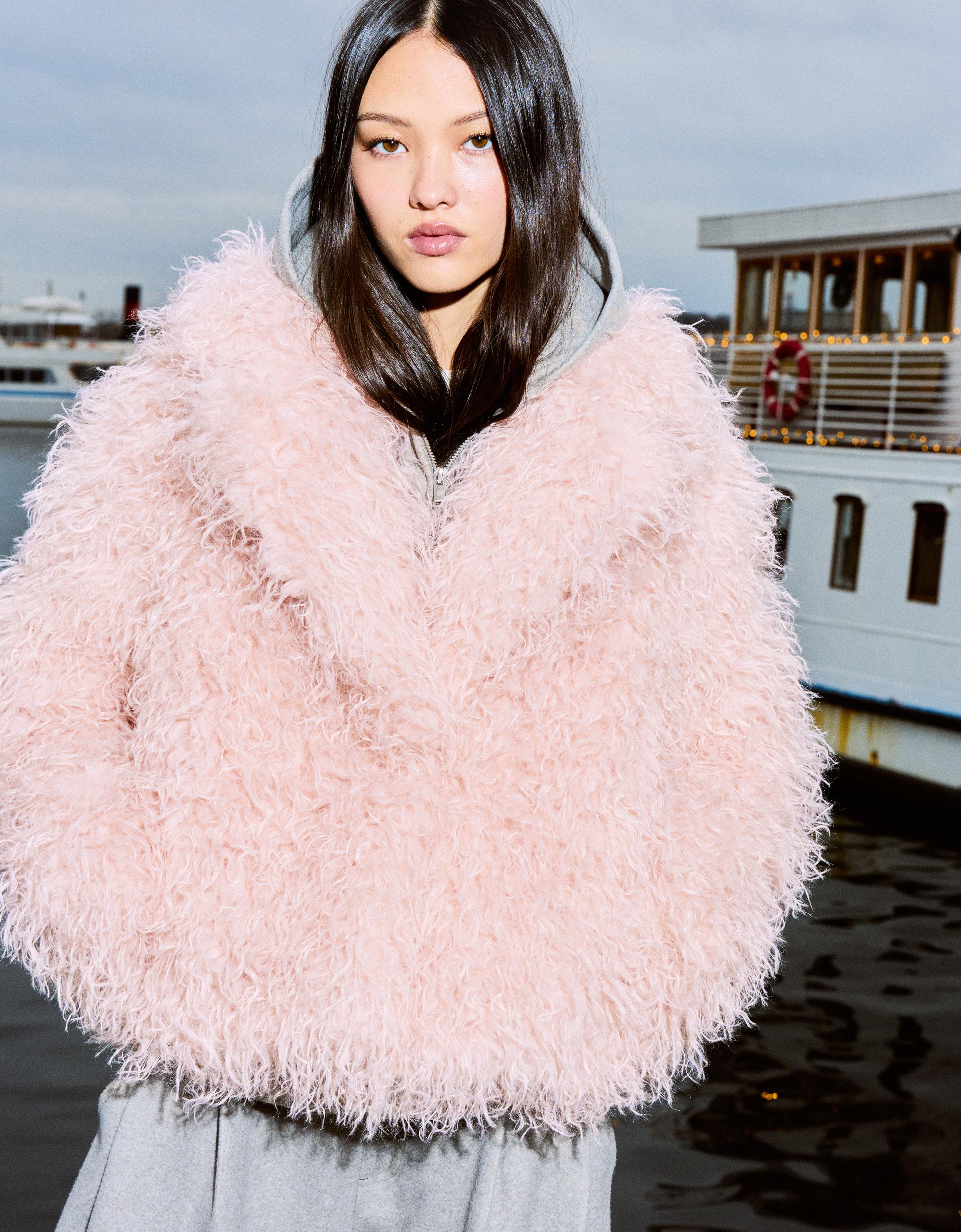 Faux fur lapel jacket - Women | Bershka
