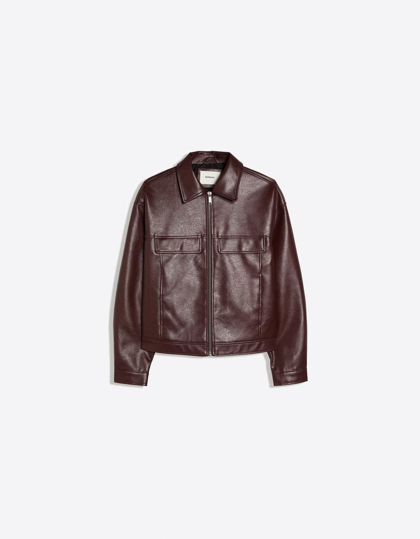 Boxy leather effect jacket-Burgundy
