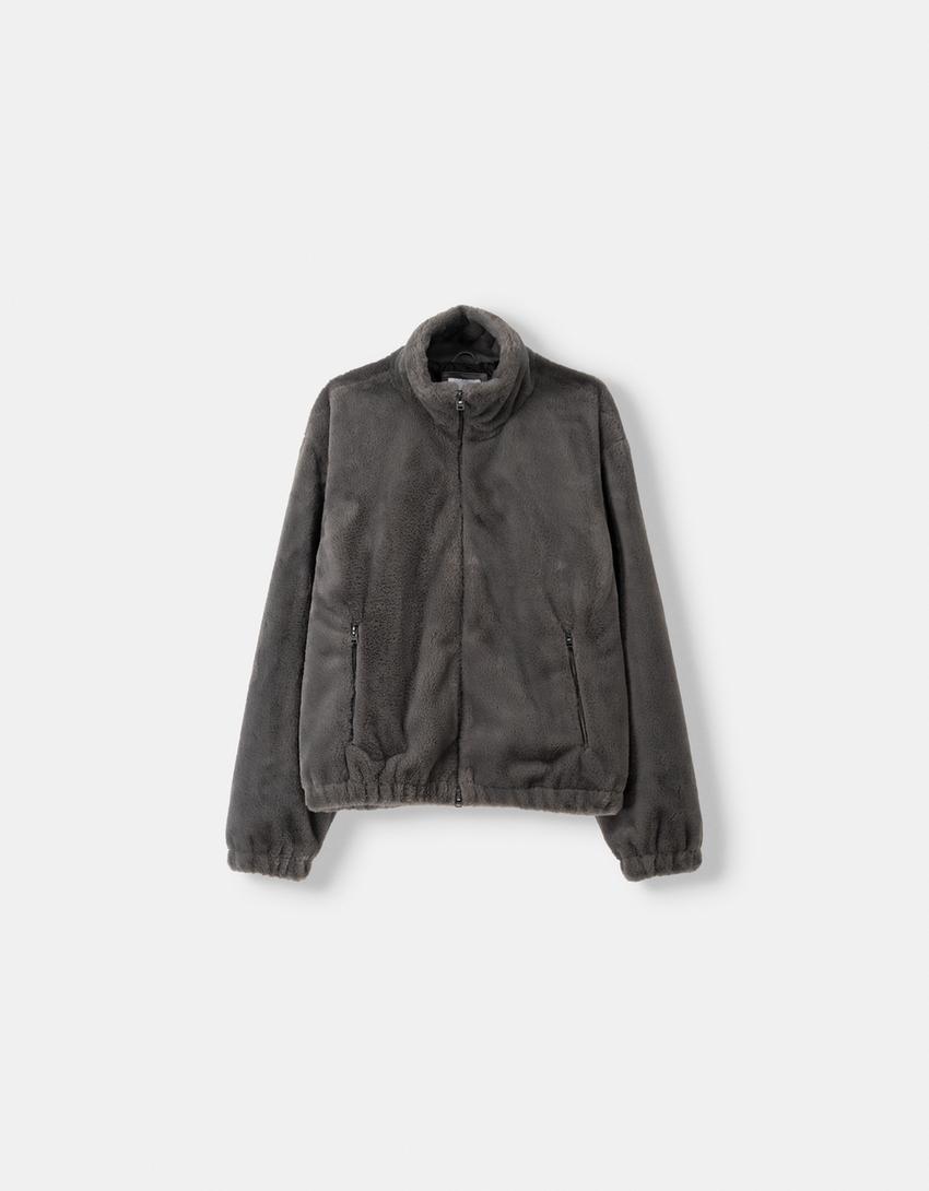 Faux fur zip-up high neck jacket-Dark grey-5