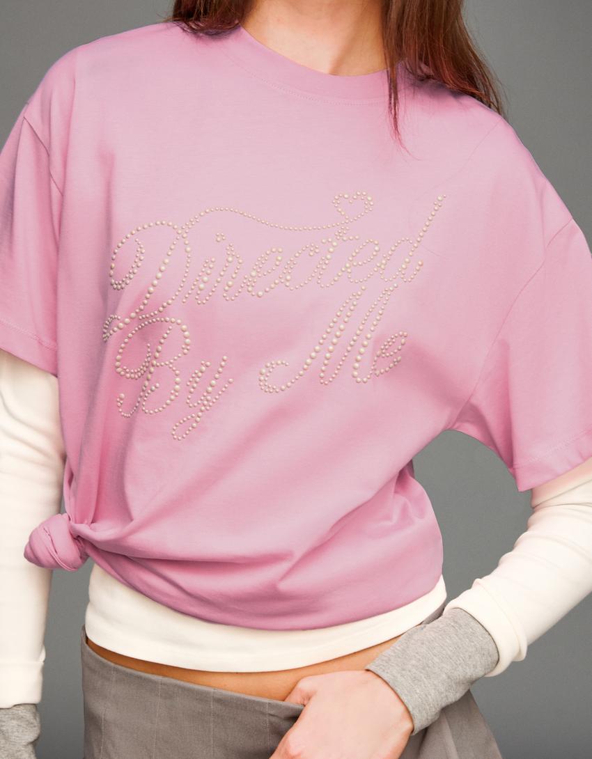 T-shirt manches courtes oversize imprimé-Rose