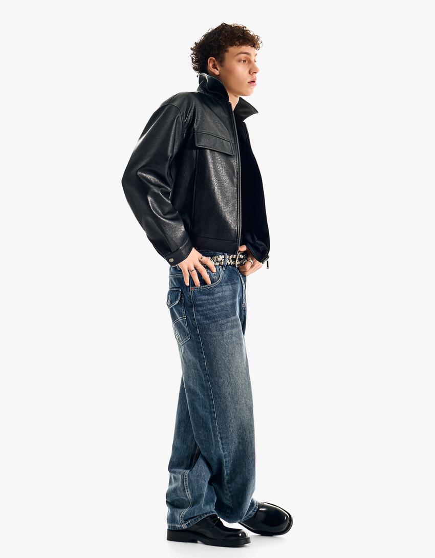 İşlemeli super baggy fit jean-Mavi