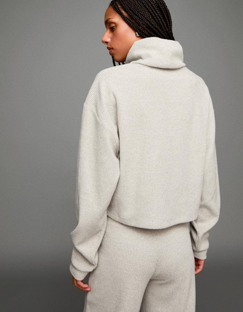 High neck ribbed sweater-Sand