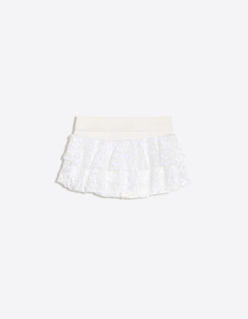 Mini-jupe à volants et paillettes-Blanc