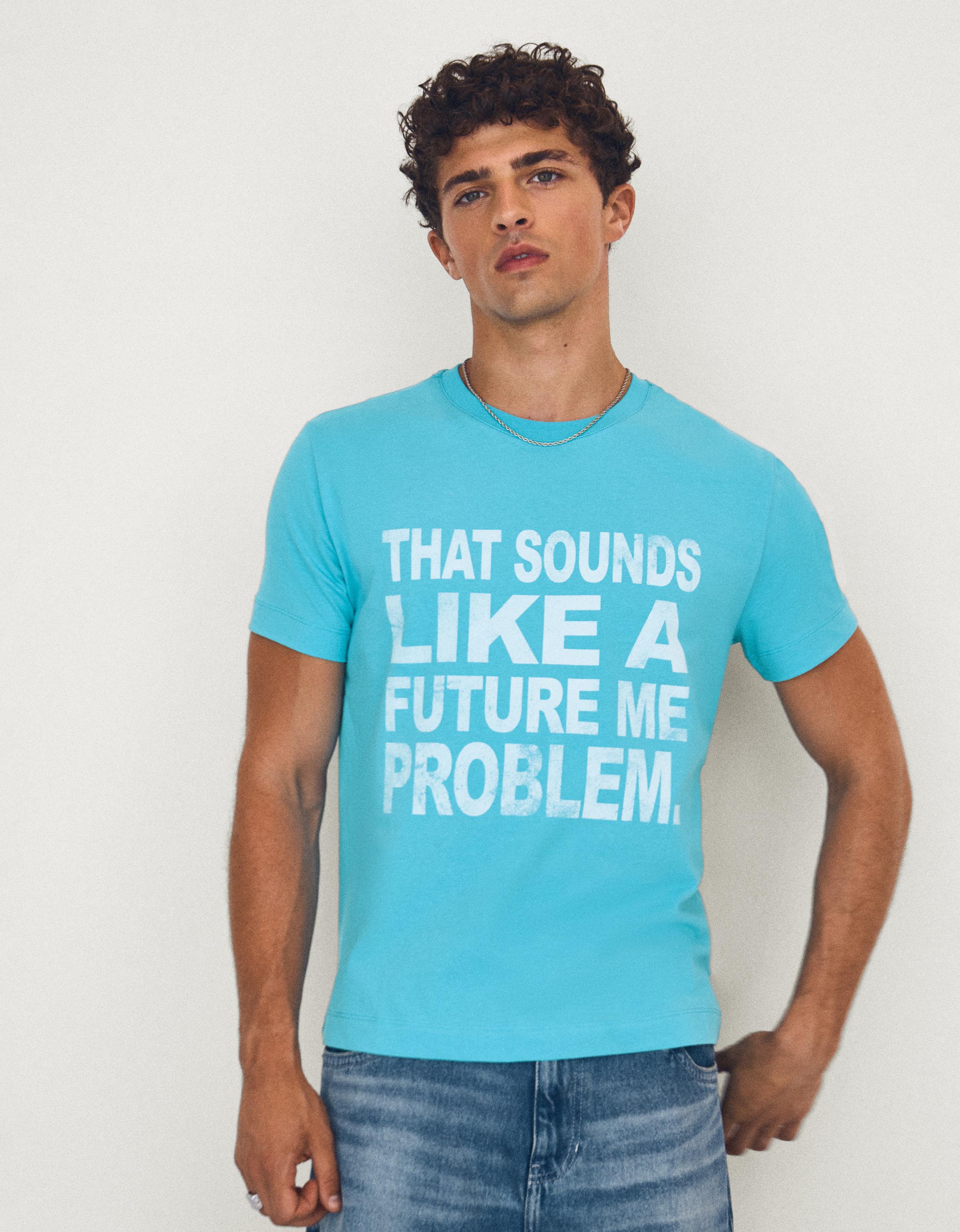 Bershka Camiseta Small Fit Print Hombre Azul