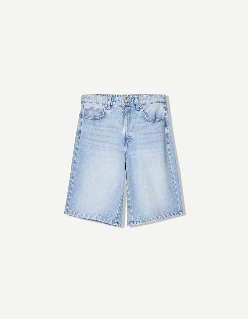 Baggy denim Bermuda shorts-Light blue