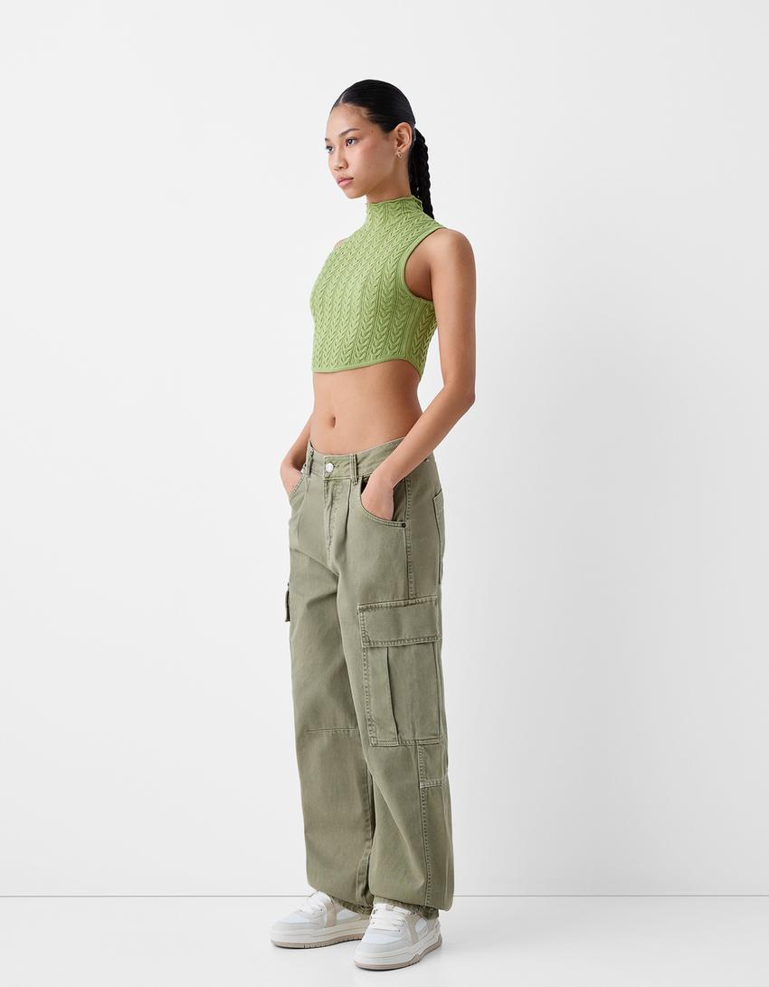 Sleeveless cable-knit top with high neck-Green-3