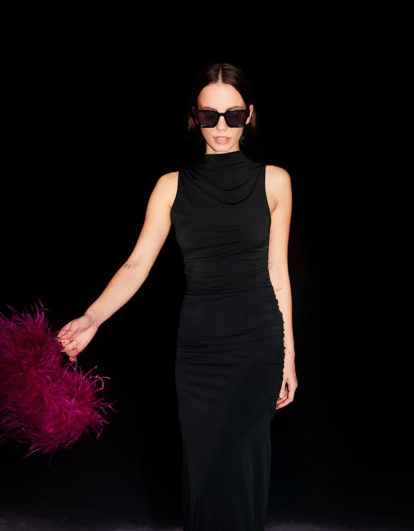 Robe midi froncée-Noir-2