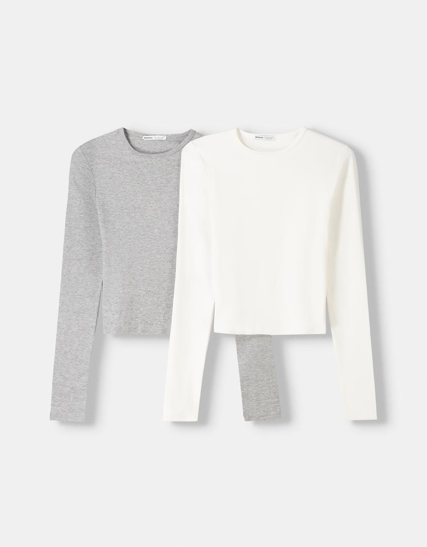 2er-Pack Langarmshirts mit langen Ärmeln und Rundausschnitt-Kombiniert