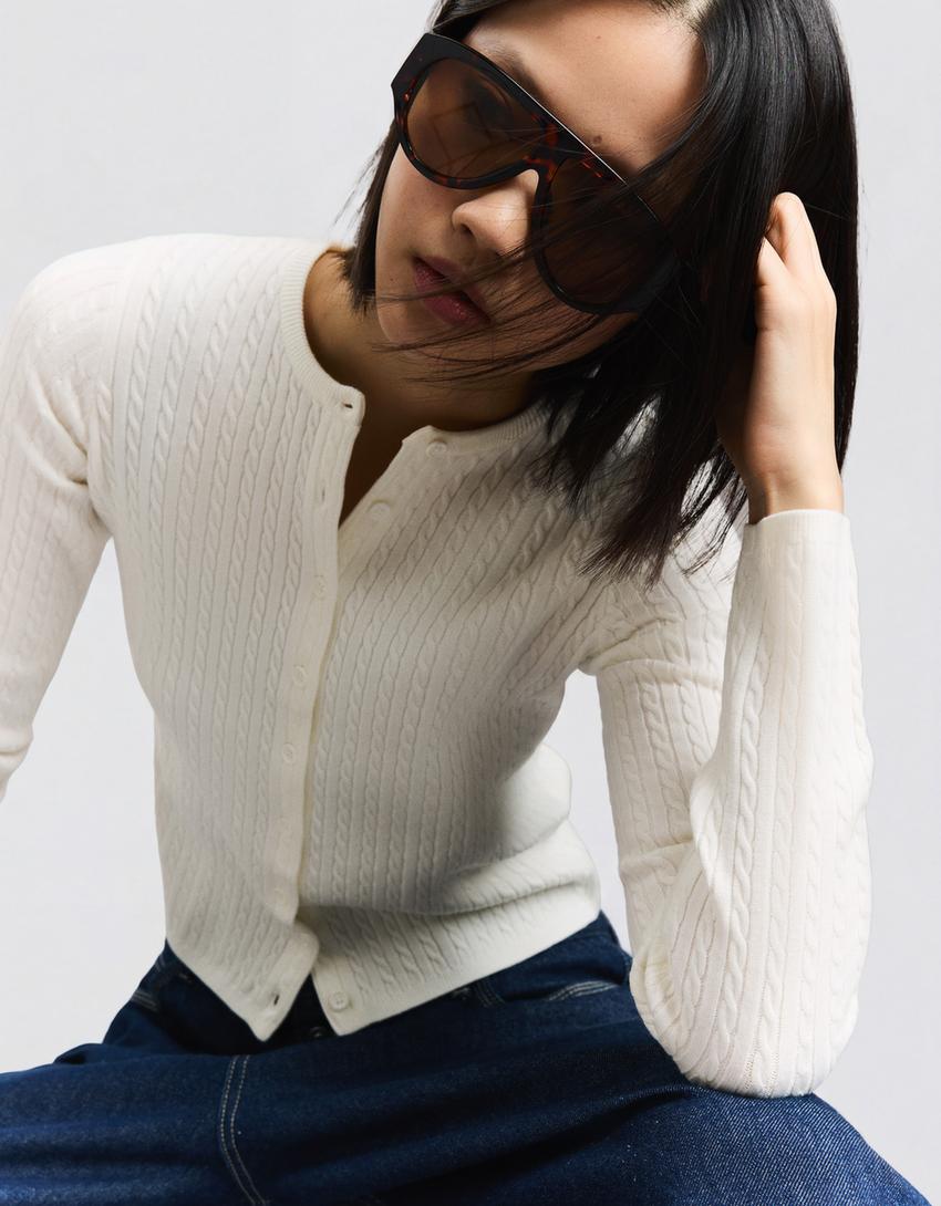 Kardigan kancing button-up anyaman-Krem