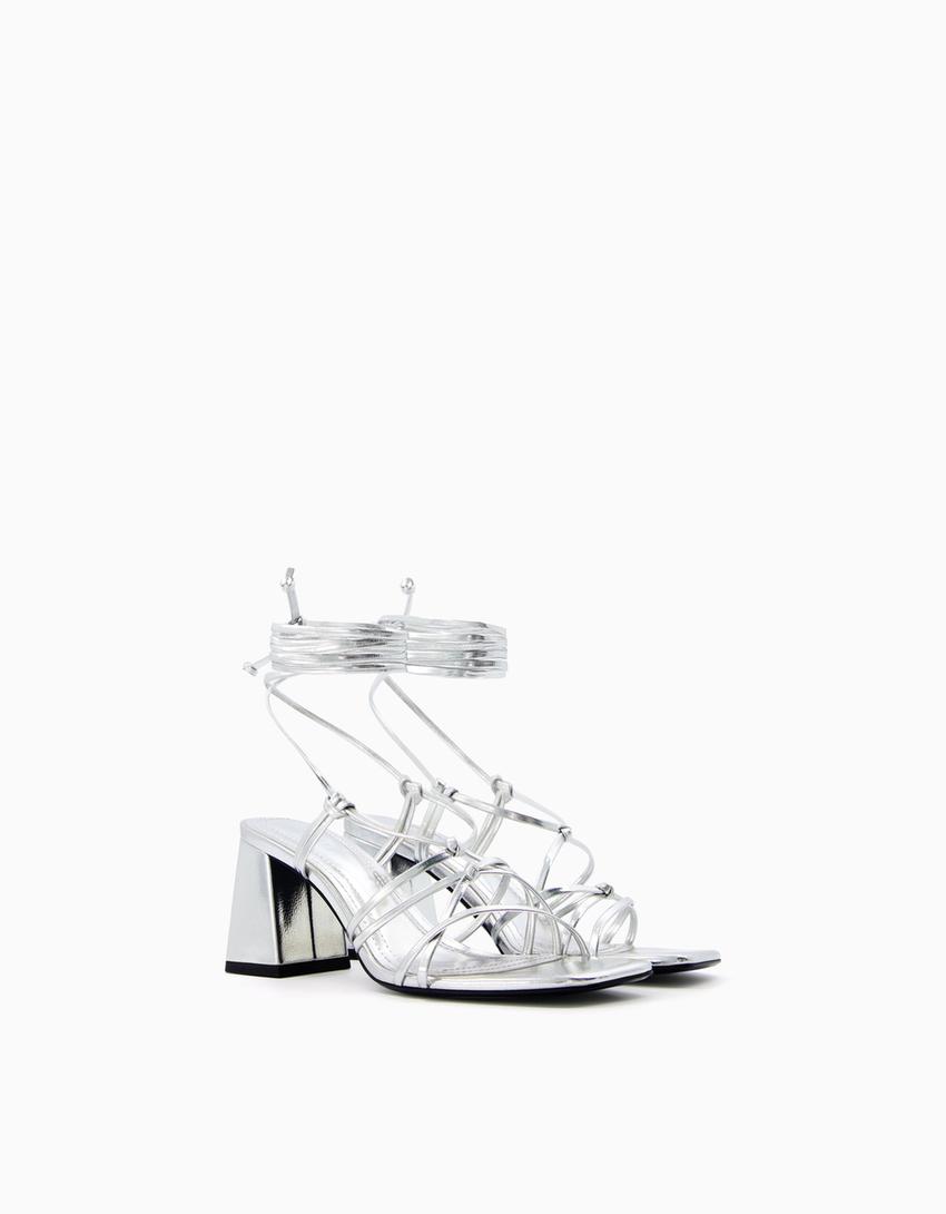 Tied heeled metallic sandals-SILVER