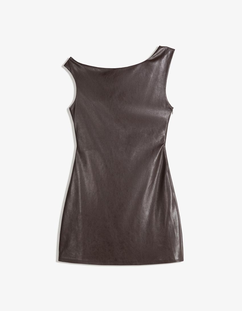 Asymmetrisches Mini-Kleid aus Kunstleder-Braun