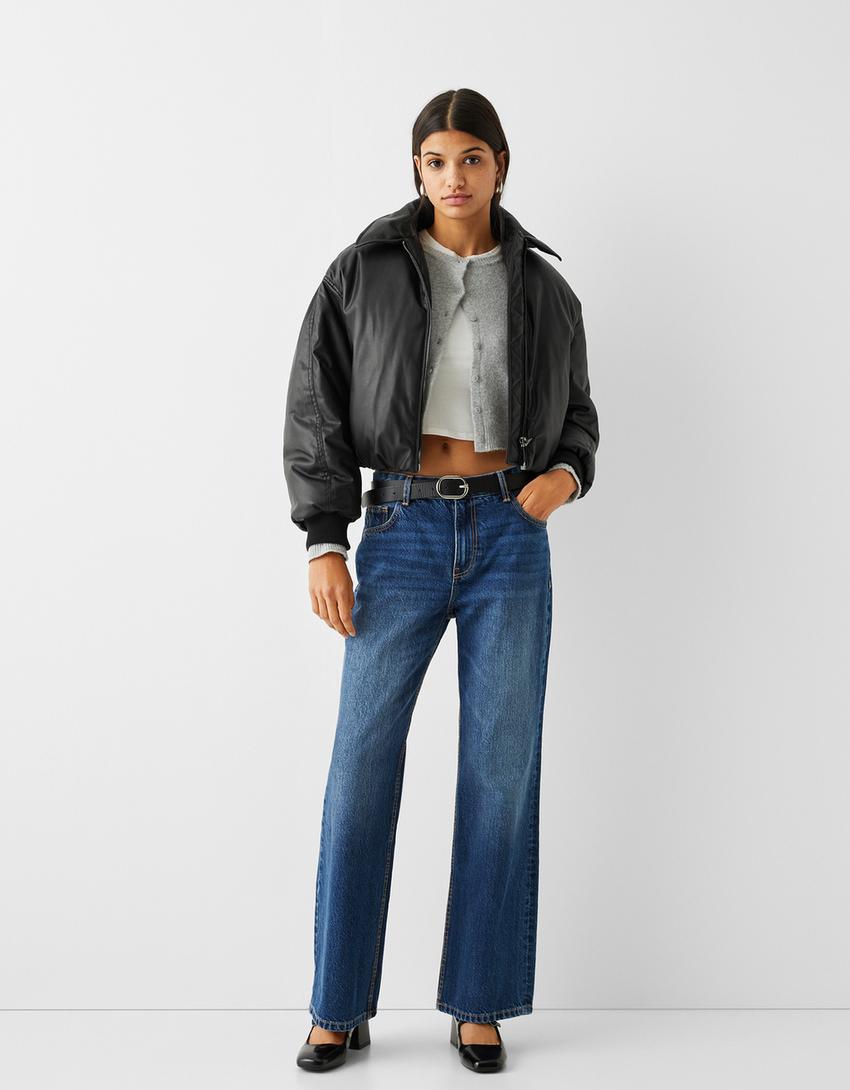 Cropped faux-leather puffer jacket with lapel collar-Black