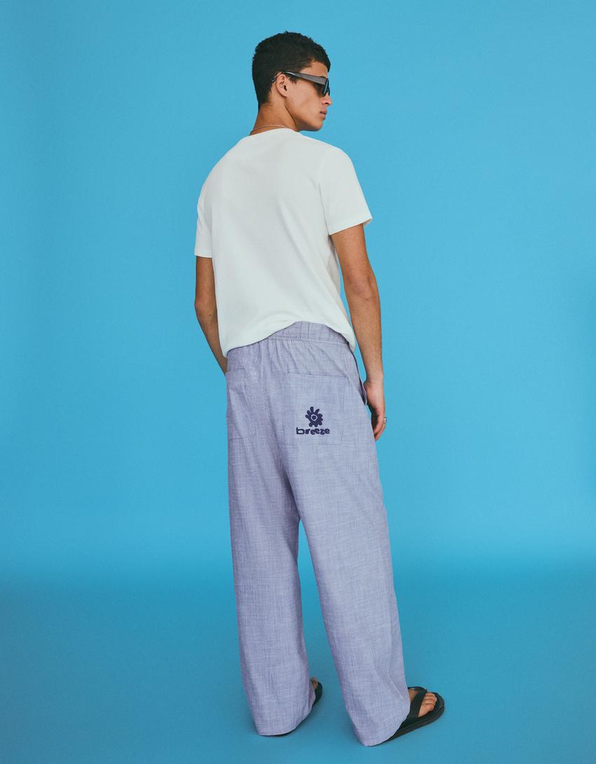 Embroidered flowing baggy pants-Blue
